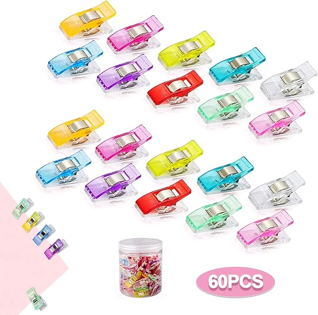 Sewing Clips, 60 PCS Multipurpose Sewing Quilting Clips Plastic Quilting Crafting Clips, Fabric Clips, Coloured Binding Clips for Sewing, Quilting, Crocheting, Crafting and Knitting