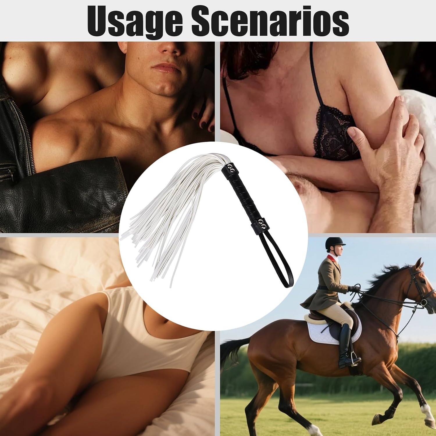 Sensual Massage Whip with Fluffy Tail - 21.85 inch BDSM Toy for Couples, PU Leather Handle (White)