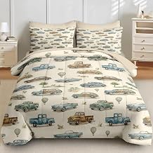 Comforter Set Twin Size, Watercolor Vintage Truck 5 Pcs Bedding for Kids and Adults, Car Blue Bed Sheet Sets with Fitted Sheet Pillowcases & Shams for Bedroom Bed Decor