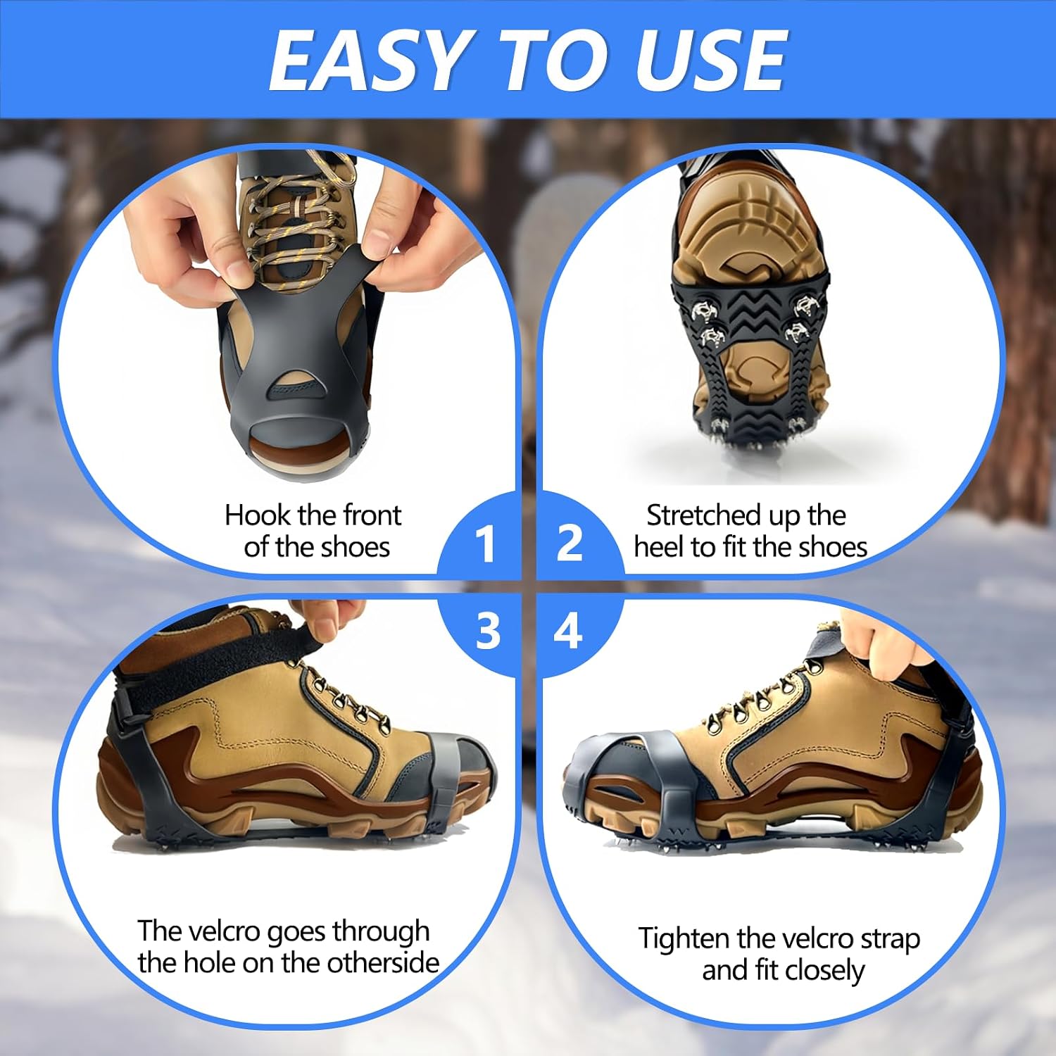 Ice Cleats for Shoes Boots, SYNYOUR Crampons, Ice Snow Grips for Men Women, Spikes for Shoes, Grippers Traction for Hiking Walking Climbing Ice Fishing, Non Slip, Stainless Steel, Silicone