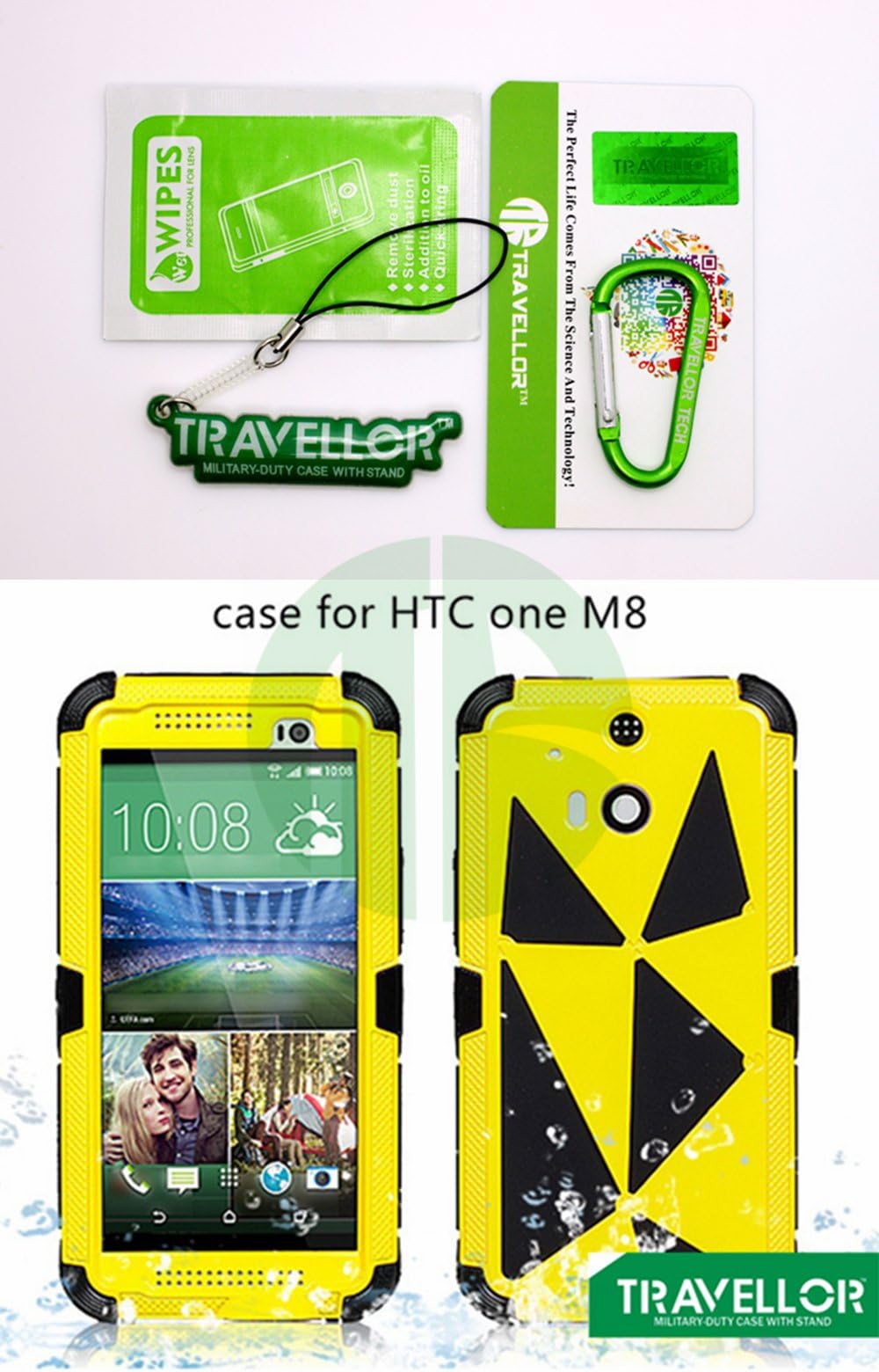 Travellor New Metal htc one m8 Shockproof Dirtproof Scratchproof Protection Case Cover for HTC ONE M8 Gifts Outdoor Carabiner + Professional Lens Wipes+Screen Dedusting Chain(Travellor Brand)multiple Color (Metal yellow)