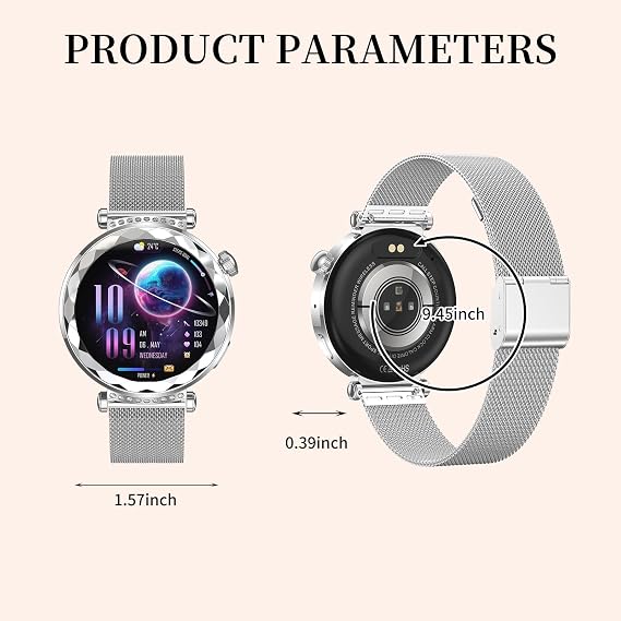 Smart Watch for Women, Fitness Tracker for Android/iOS, 1.19 AMOLED Screen Smartwatches with Female Cycle, Heart Rate, Sleep Monitor, Activity Tracking (2 Watch Bands) (Silver)