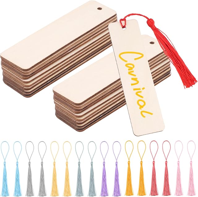64 Pcs Wood Blank Bookmarks Set,32 pcs DIY Wooden Craft Bookmark and 32 pcs Multiple Colour Tassel,12x3.2cm Wood Hanging Tags Rectangle Blank Bookmark with Holes,DIY Wood Bookmarks and Tassel