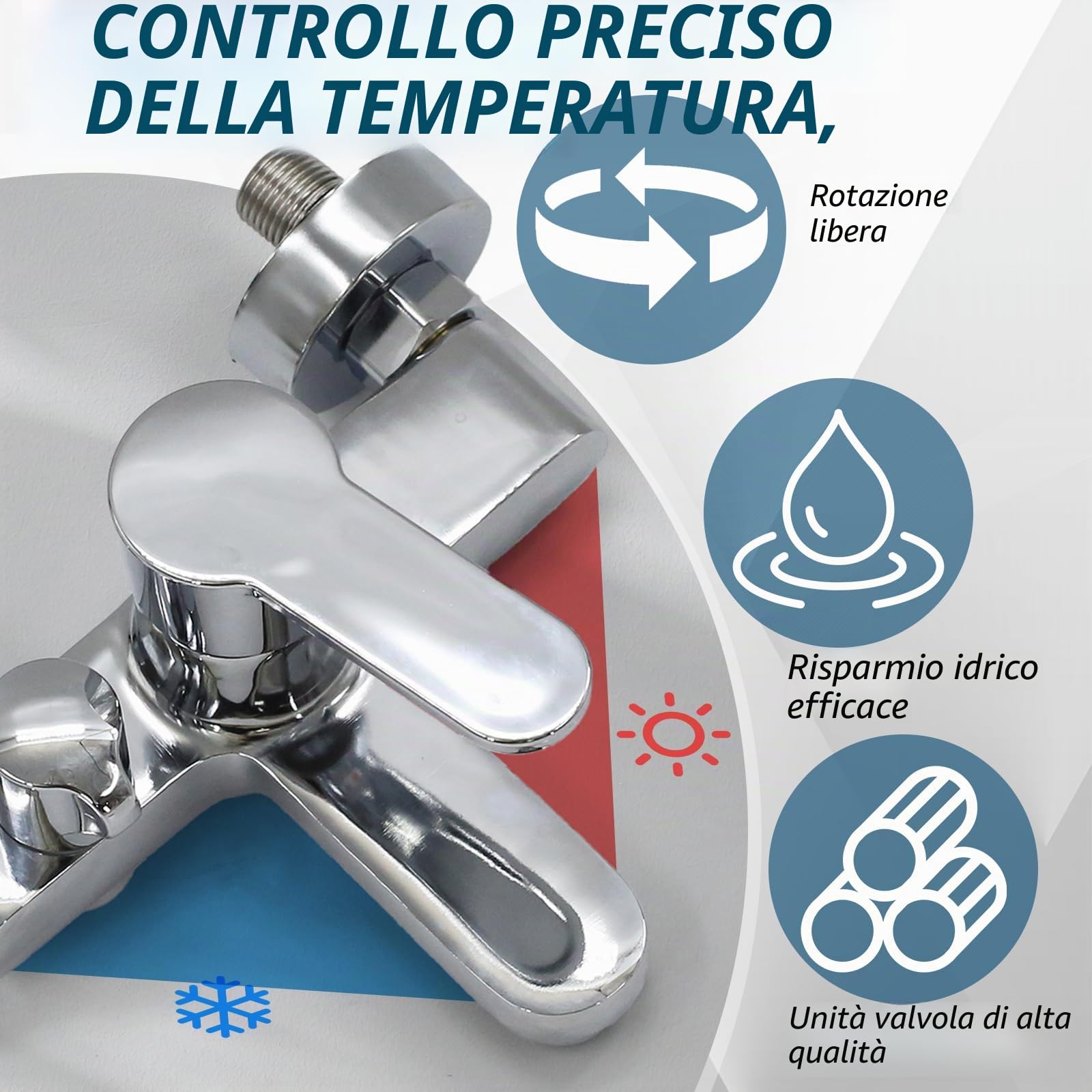 Rubinetto per vasca da bagno, montaggio a parete, miscelatore monocomando con beccuccio doccia da 1/2", superficie cromata (moderna)