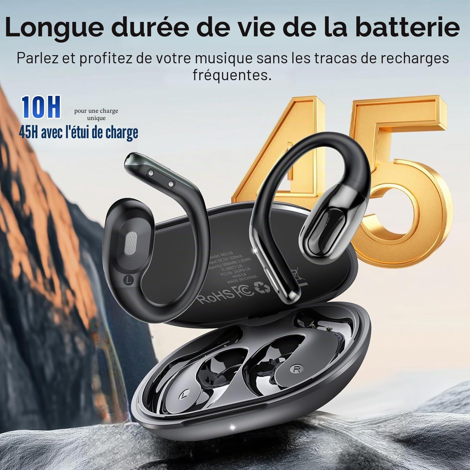 2026 Bluetooth 6.0 Open Ear Ecouteurs sans Fil Sport avec Zone de Tapotement Élargie et Crochet d'oreille Air, 60H Écouteurs sans Fil avec ENC Mic, IP7 Oreillette pour Course/Fitness/Cyclisme