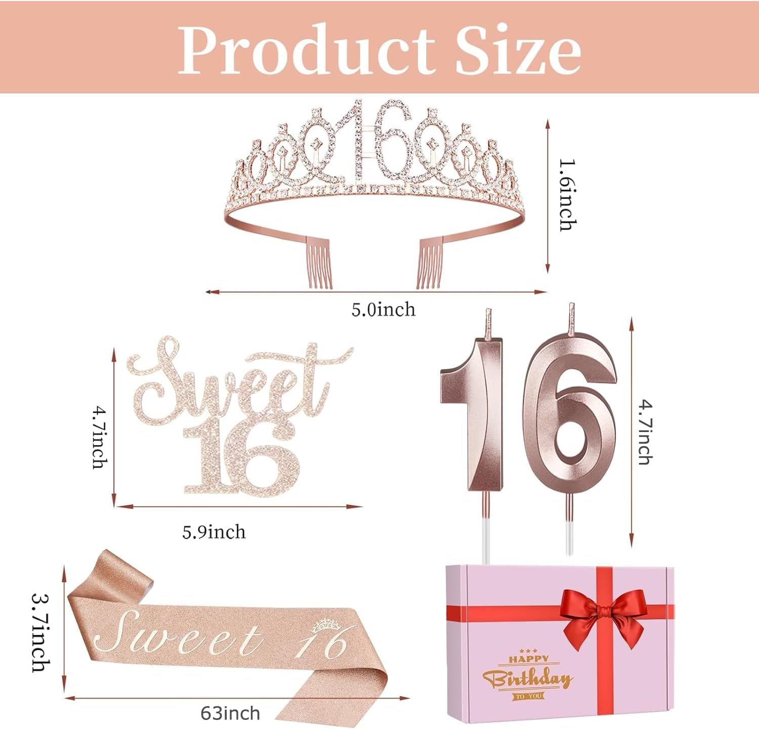 Sweet 16 Party Decorations for Girls Including Sash and Tiara, Cake Topper and Candles, 16th Birthday Decorations for Girls, Sweet Birthday Gifts Party Favor Supplies - Image 5
