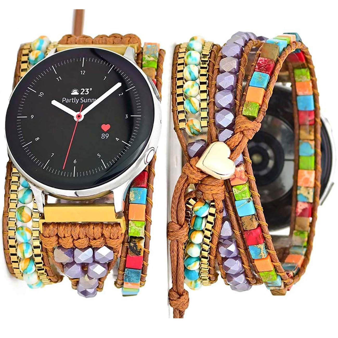 Somesame Compatible with Samsung Galaxy Watch 6/5/4/Active 2 40mm 44mm Band/Watch 6 Classic/Galaxy Watch 5 Pro 45mm/Watch 4 Classic,20mm Boho Beaded 3 Wraps Chakra Bracelet Watch Strap for Women Men