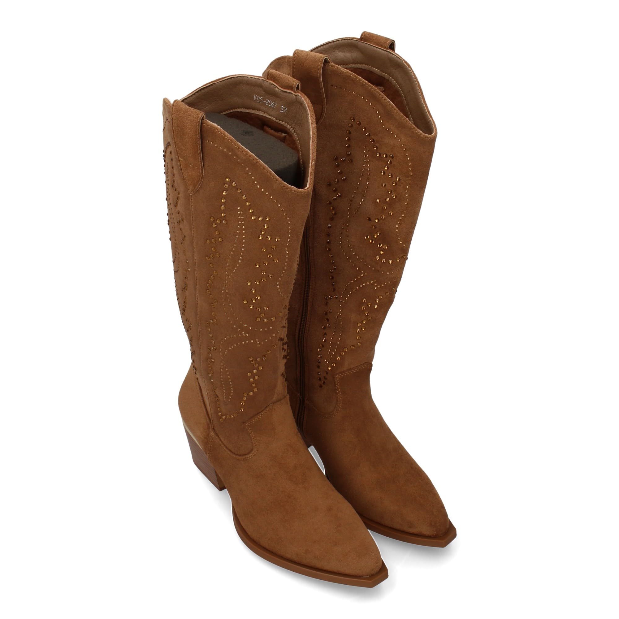 Botas de Mujer con Diseno de Brillantes en la Cana, Tacon Cubano de 6cm. Estilo Cowboy con Cierre de Cremallera.