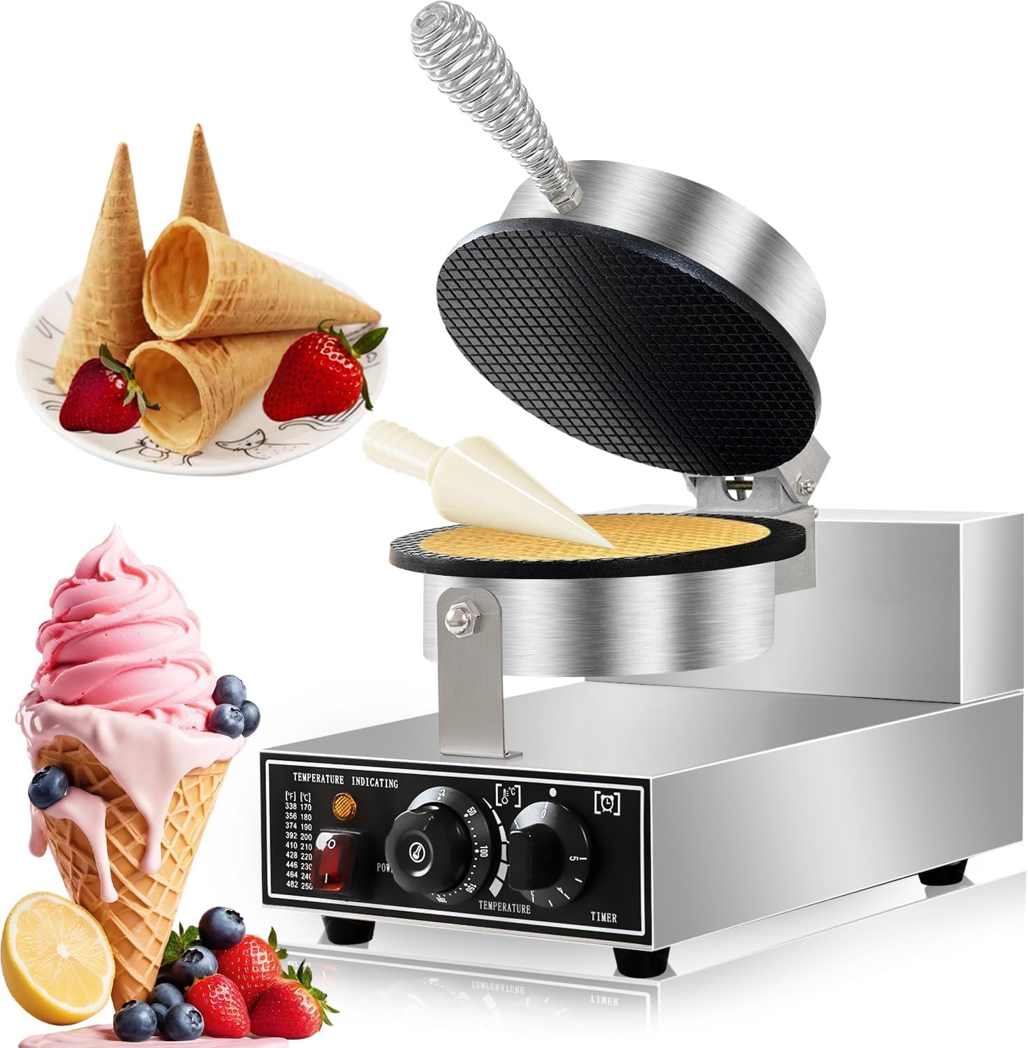 Commercial Ice Cream Waffle Cone Maker Machine with Mould, 21.65 x 12.59 x 7.84 Inches, Temperature Control, Stainless Steel-image-28