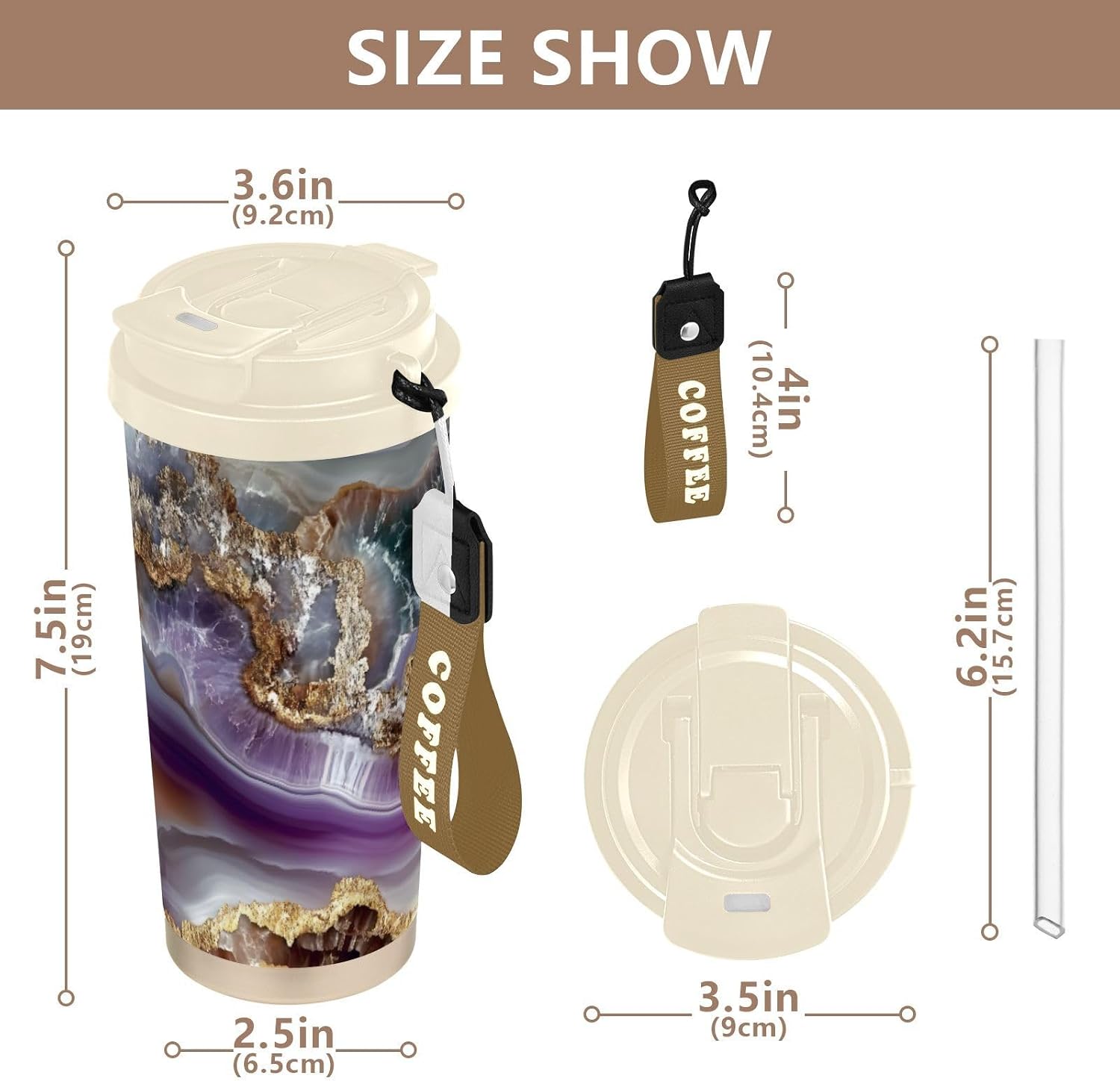 Marbole Purple Gold Insulated Coffee Mug with Straw & Flip Lid, 16.9oz Iced Tumbler Cup, Double Wall Vacuum Mug for Travel Office