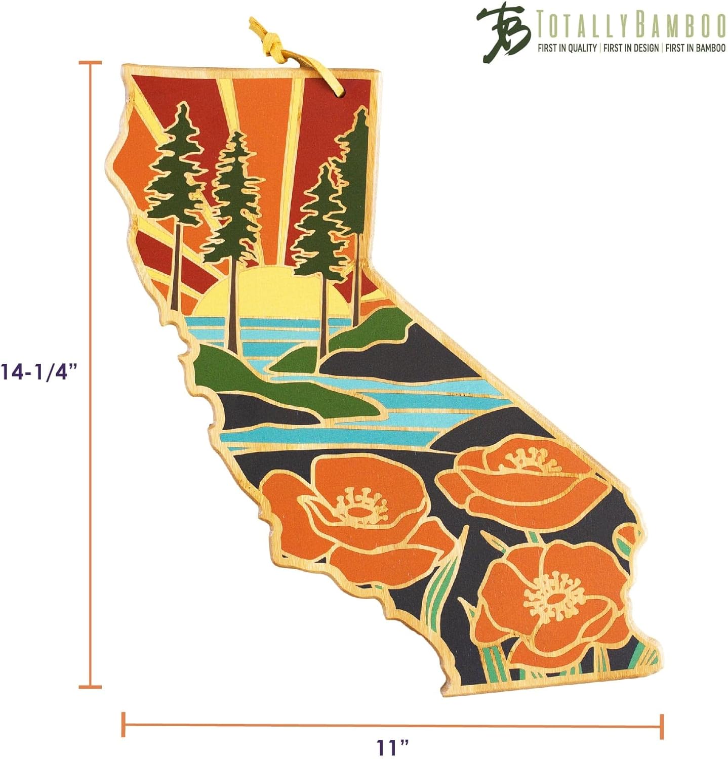 Totally Bamboo California State Shaped Cutting Board and Charcuterie Serving Platter with Artwork by Summer Stokes, Includes Hang Tie for Wall Display 11" x 14-1/4" x 5/8" - Image 7