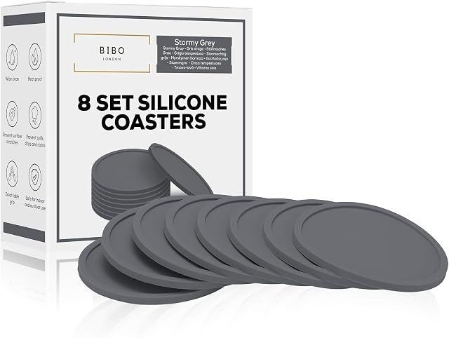 Set of 8 Stormy Grey Drink Coasters by BIBO London. Heatproof Drinks Mats - Protecting All Table Surfaces Including Wood, Glass, Marble, Stone.