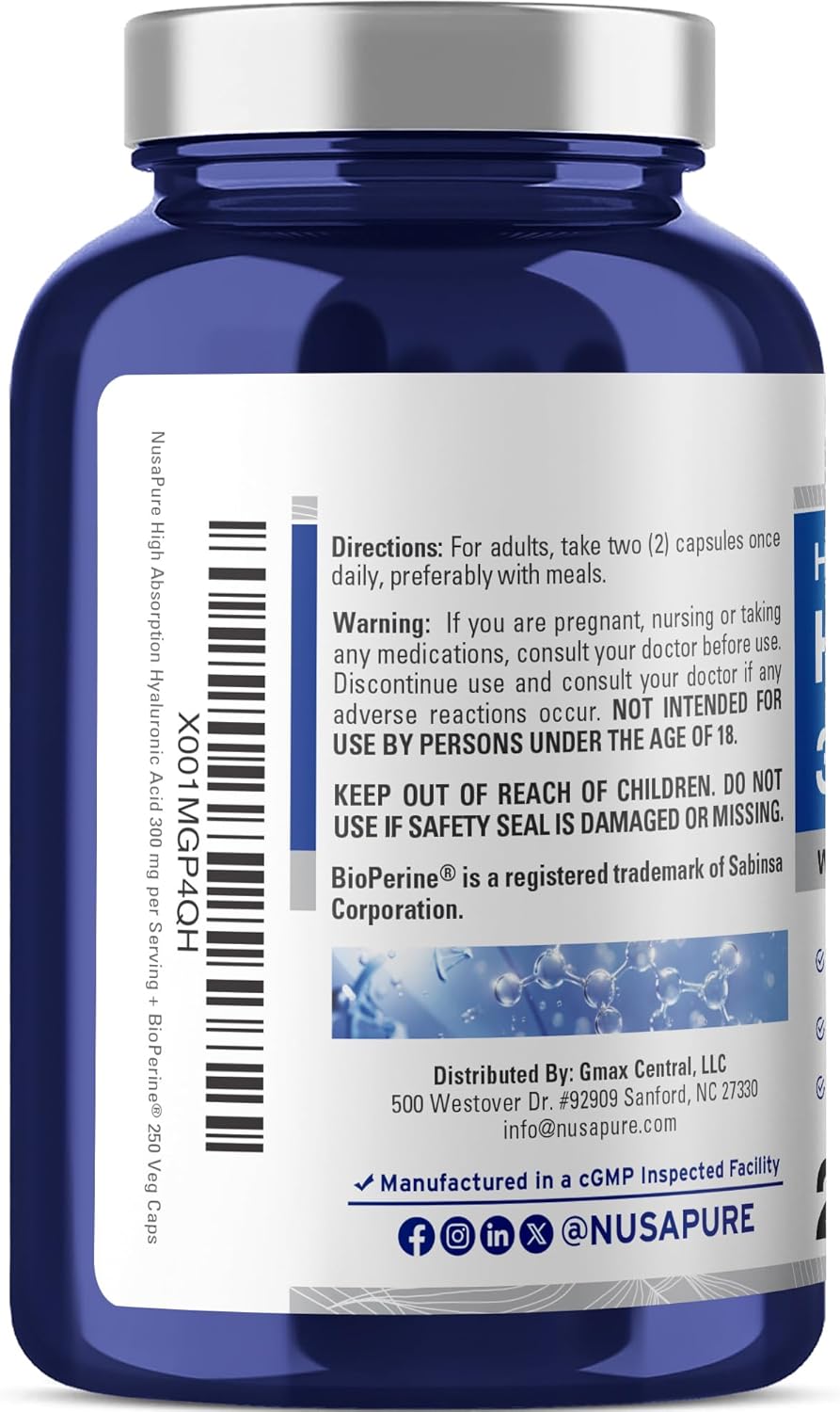 NusaPure Hyaluronic Acid 300mg 250 Veggie Capsules (Non-GMO, Vegan) - Image 3