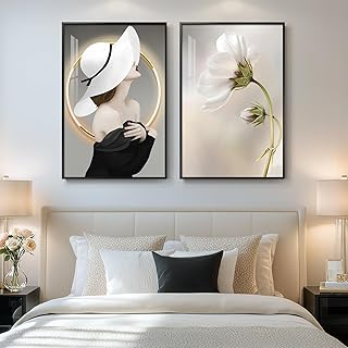 Framed Modern Woman Wall Art for Girls Bedroom, Set of 2 Black and White...
