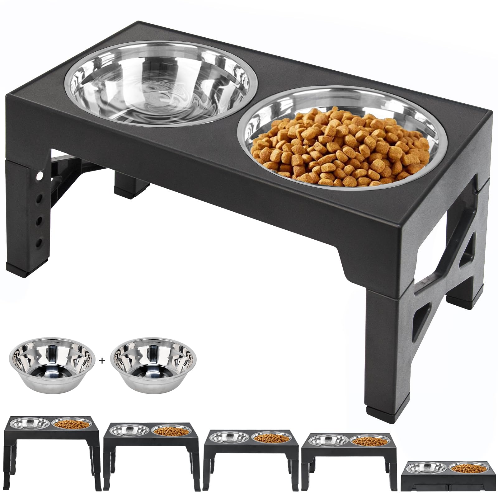Polegas Upgraded Raised Dog Bowl with Stand Elevated Dog Bowl with 2 Stainless Steel Bowls 5 Height Adjustable dog food stand for Small Medium Large Sized Dog