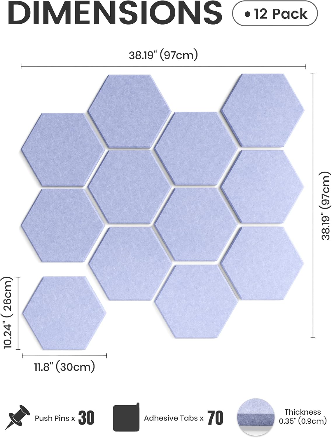 Fluxynara Hexagon Cork Board Alternative for Walls Decor-12-Pack Felt Bulletin Board Tiles,with 30 Pushpins,70 Adhesive Tabs for Office,Classrooms & Home Pin Board Felt Board-Soft Periwinkle