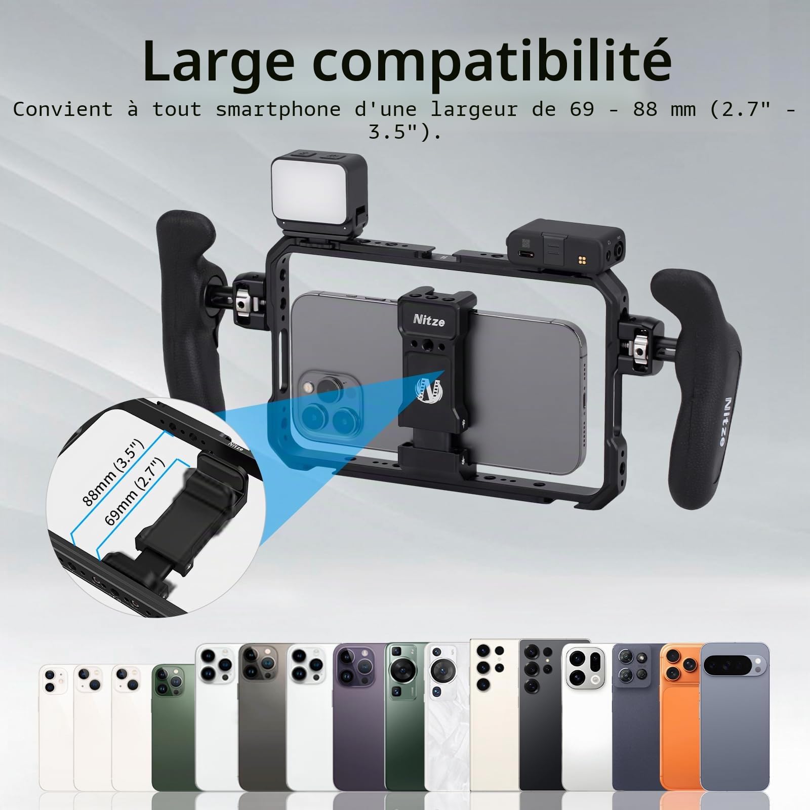 Nitze Téléphone Vidéo Stabilisateur, Cage de Téléphone avec Poignées Latérales, Smartphone Vidéo Cage Universelle pour iPhone 17/16/15 Pro Max/Samsung Galaxy S25 Ultra - T-MP01B