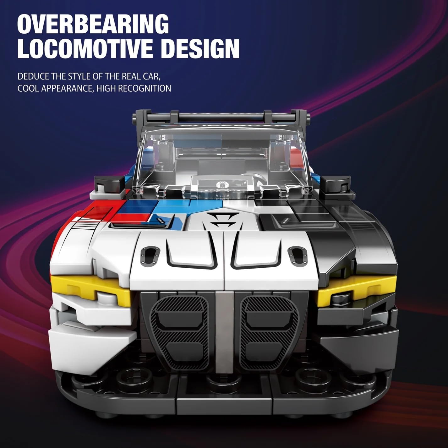 Фронт view of the Reobrix 672 BMW M4 GT3 model, showcasing the locomotive design.