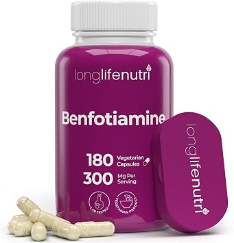 LongLifeNutri Benfotiamine 300mg 180 Vegetarian Capsules, 6-Month Supply, Fat-Soluble B1 Thiamine Supplement for Energy and Wellness, Lab Tested, Made in USA