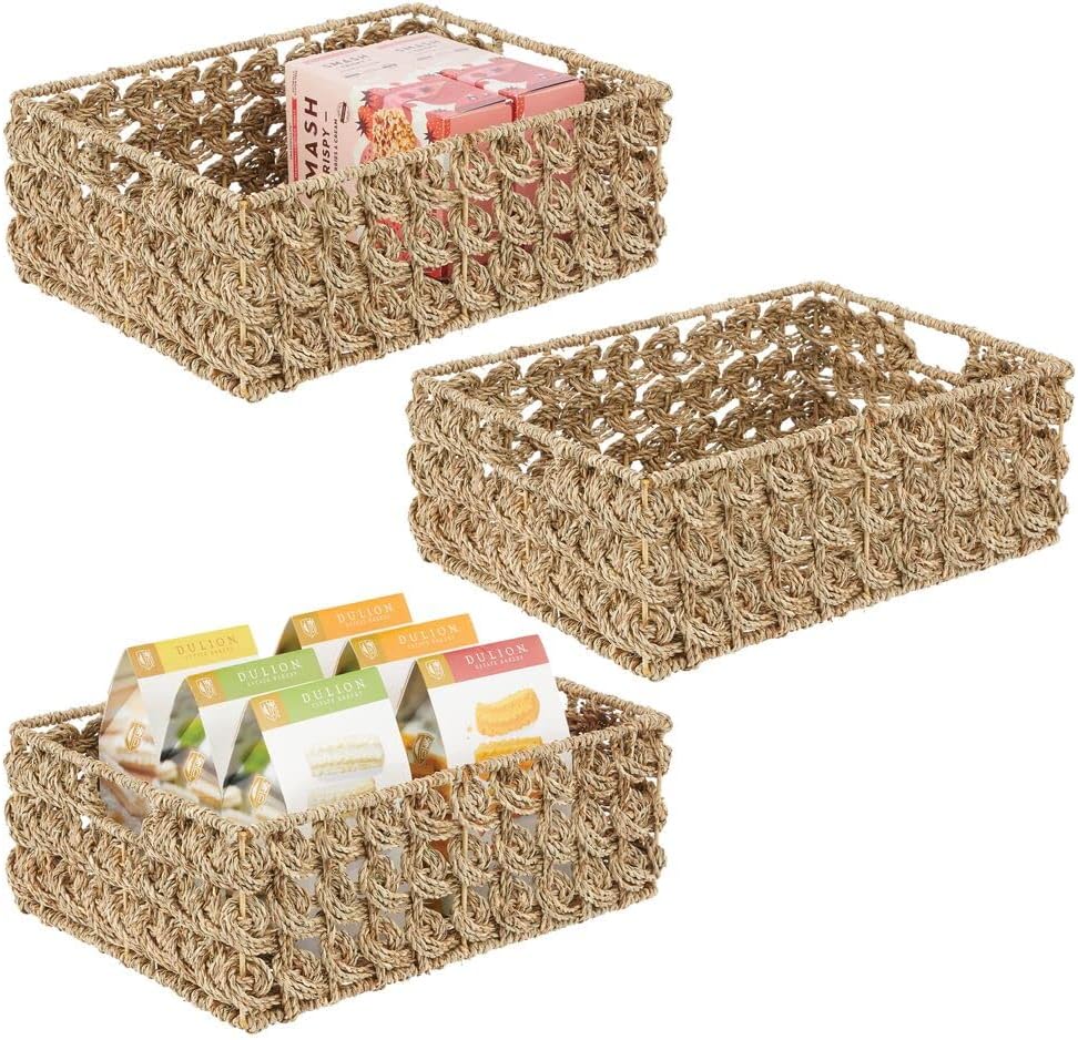 Exсluѕіvе Dіѕсоunt 80% оƒƒеr mDesign Seagrass Woven Cabinet Pantry Storage Organizer Long Basket Bin with Handles - for Kitchen, Living Room, Bedroom, Bathroom Organization - Holds Can Food, Pasta, 3 Pack - Natural