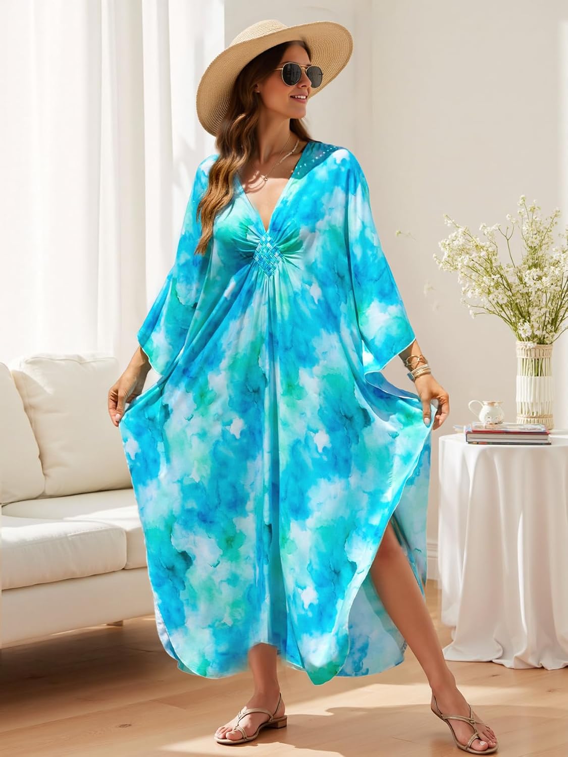Kaftan Dresses for Women Plus Size Caftan Swimsuit Cover Up, Boho Beach Dress with Batwing Sleeves - Image 5