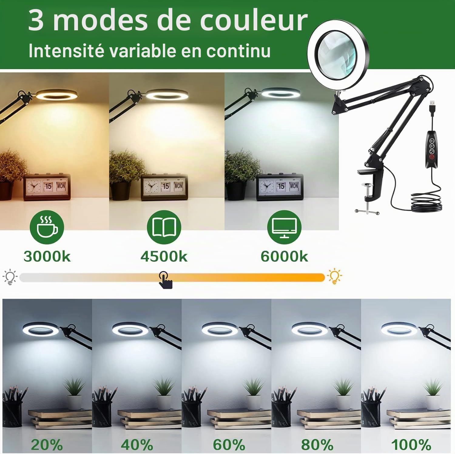ZABOUL Lampe de Bureau Loupe 10X 15X et LED, Lampe Loupe Sur Pied avec 3 Modes de Couleurs et 10 Niveaux de Gradation, Lampe Eclairante avec Bras Pivotant Réglable Pour Lire et Travailler