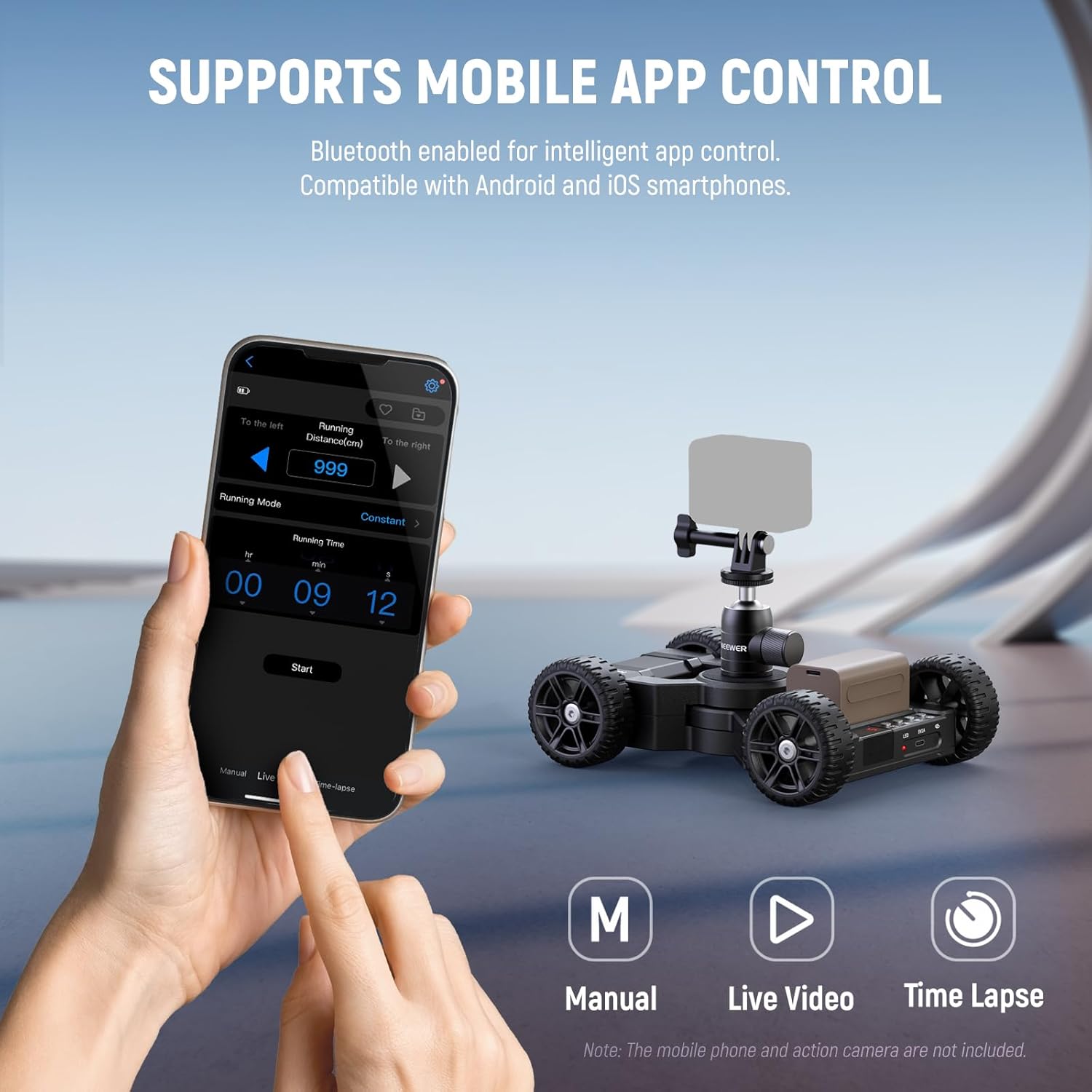 Image showing a smartphone displaying the NEEWER App interface for controlling the DL400 motorized camera dolly. The app shows options for Manual, Live Video, and Time Lapse modes, with controls for running distance and time.