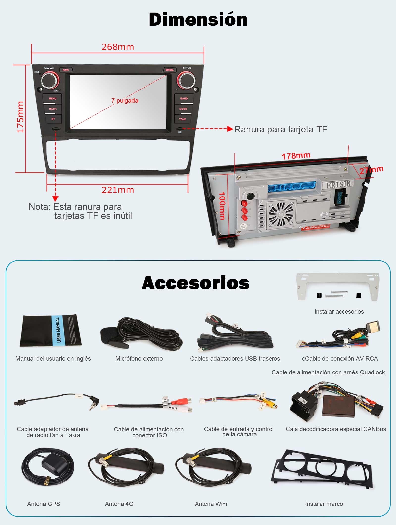 Android 14 Radio Coche para BMW Serie 3 E90 Berlina E91 Touring E92 Cupé E93 M3 Bluetooth 5.1 CarPlay Android Auto Pantalla Táctil Navegador GPS WiFi Canbus SWC RDS FM Am 4G Dab+