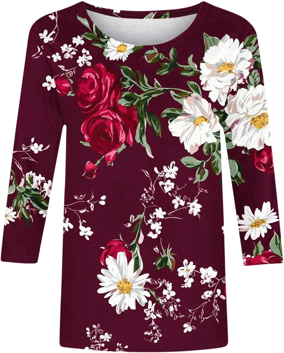 Women's Crew Neck T Shirts Casual 3/4 Length Sleeve Tunic Tops | Floral Printed Loose Fit Business Work Blouses Classic Plus Size Basic Tees Comfy Soft Office Outfits
