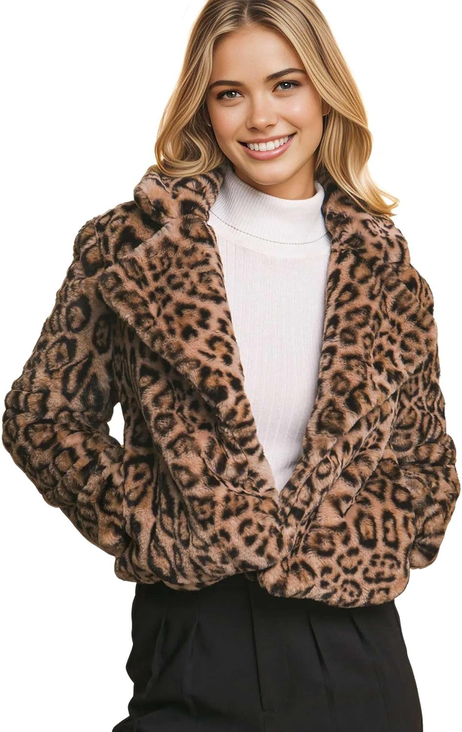 Love Tree Women's Juniors Faux Fur Cropped Leopard Coat
