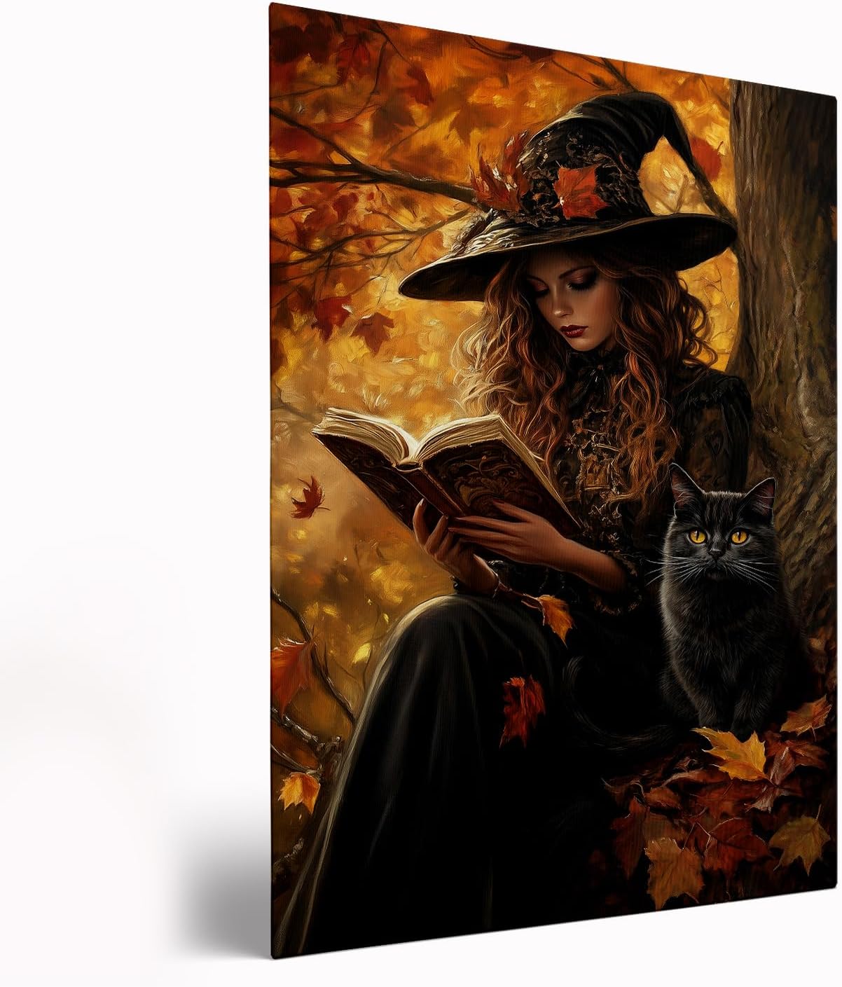 Pretty Witch Reading Spells To Her Black Cat Familiar, Vintage Halloween Art, Halloween Canvas Poster Wall Art,Witchcraft,Witch Reading Print,Halloween Decor 16x24inch Framed