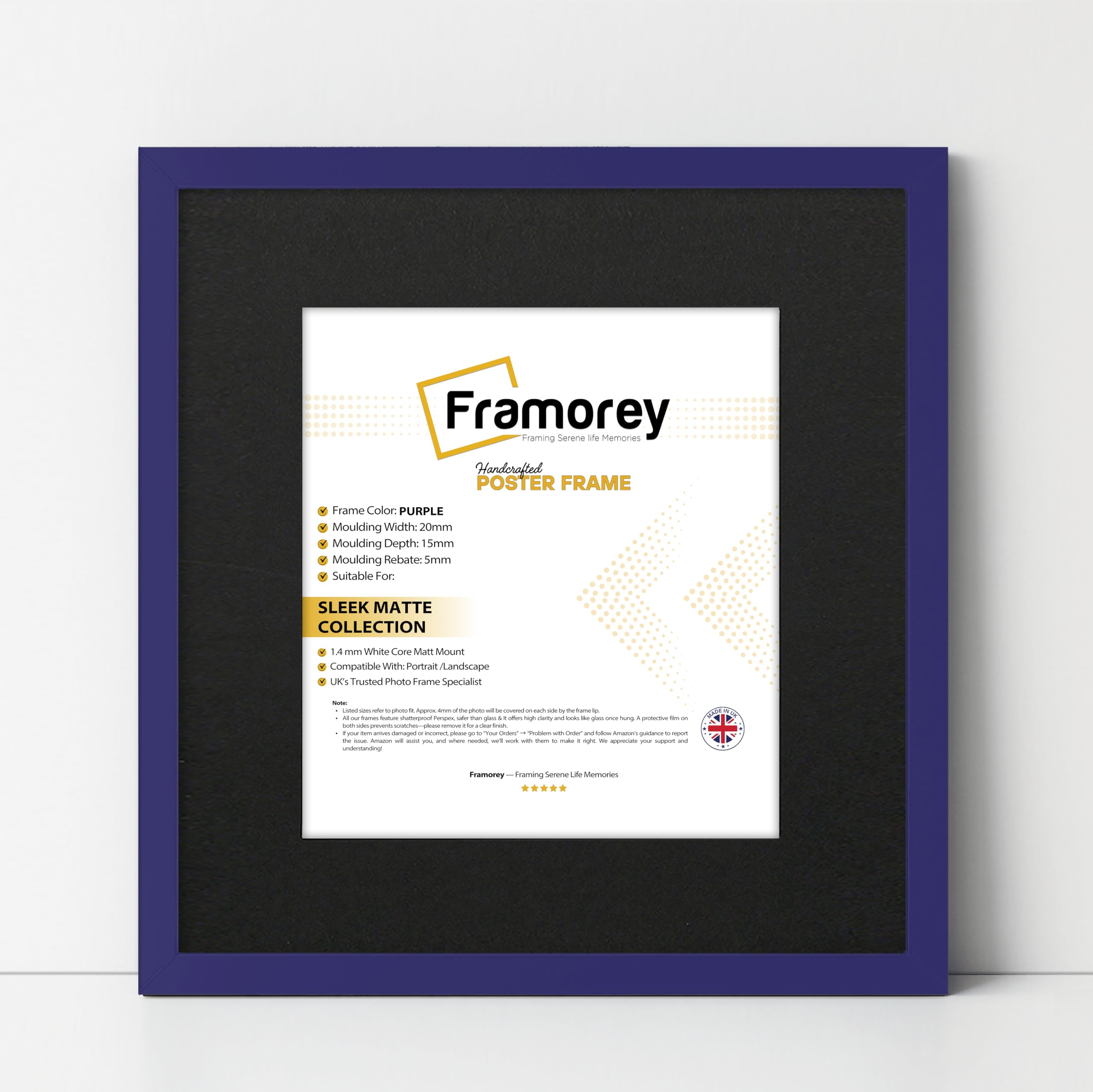 FRAMOREY Square Size Thin Matt Photo, Handmade Flat Thin Picture Frame, 9x9" Size Purple Picture Frame With 7x7" Size Black Mount, Photo Print Frames