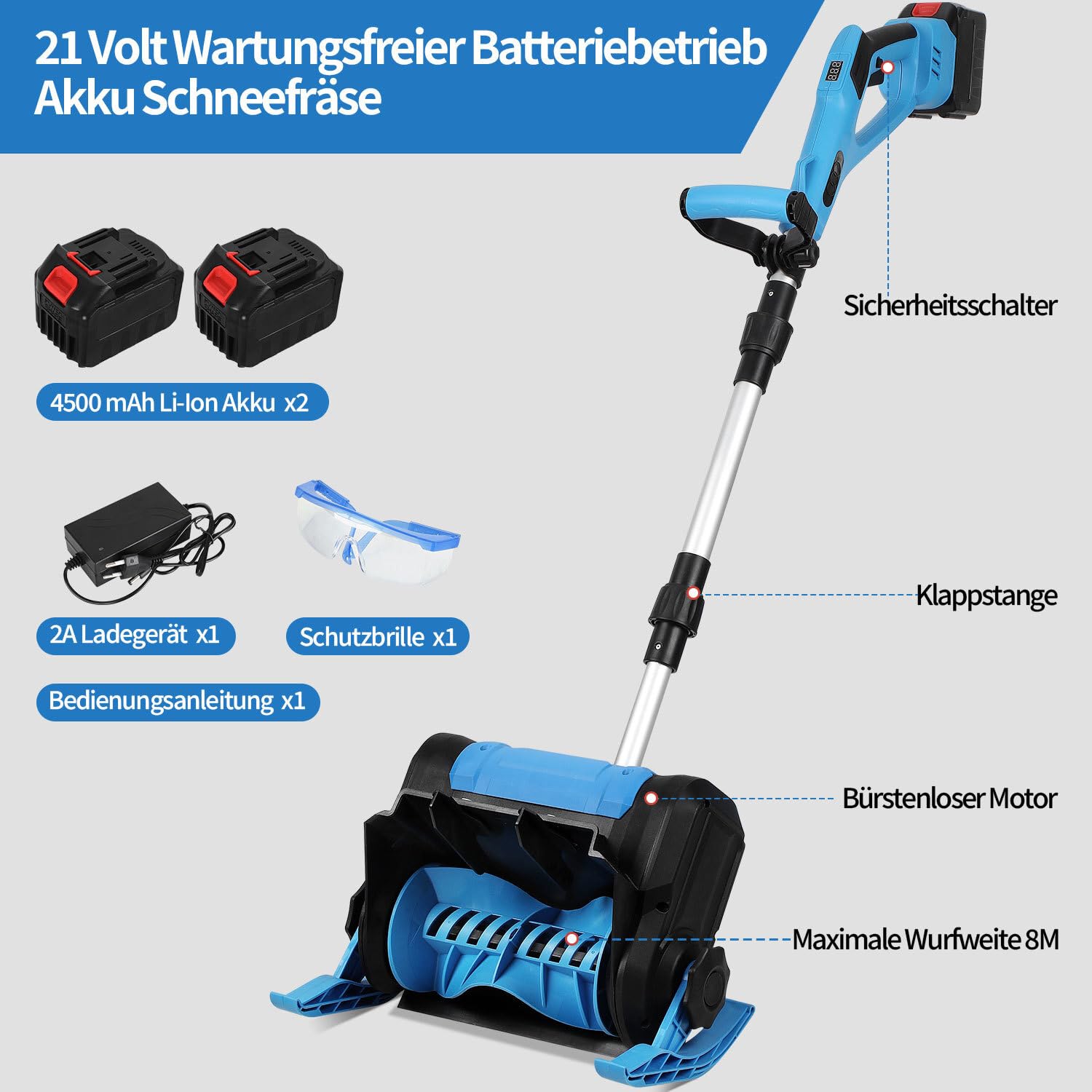Akku-Schneefräse, 21V/1000W Elektrische Schneefräse mit 2×4500mAh Akkus & Ladegerät, 25cm Arbeitsbreite, 8m Wurfweite, Bürstenloser Motor, Leicht (3.6kg) für Gehweg & Terrasse