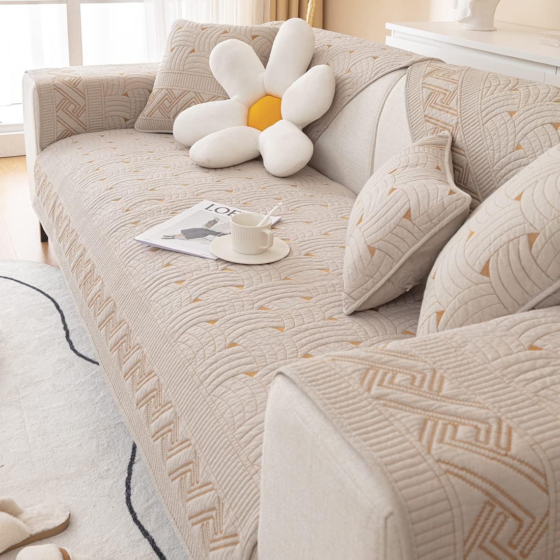 Farmhouse Cotton Quilted Sofa Cover Weave Pattern Embroidery Sectional Couch Cover Soft Nonslip Sofa Slipcover Furniture Protector Cover for Pets Kids Children Dog Cat (Khaki,28"x59")