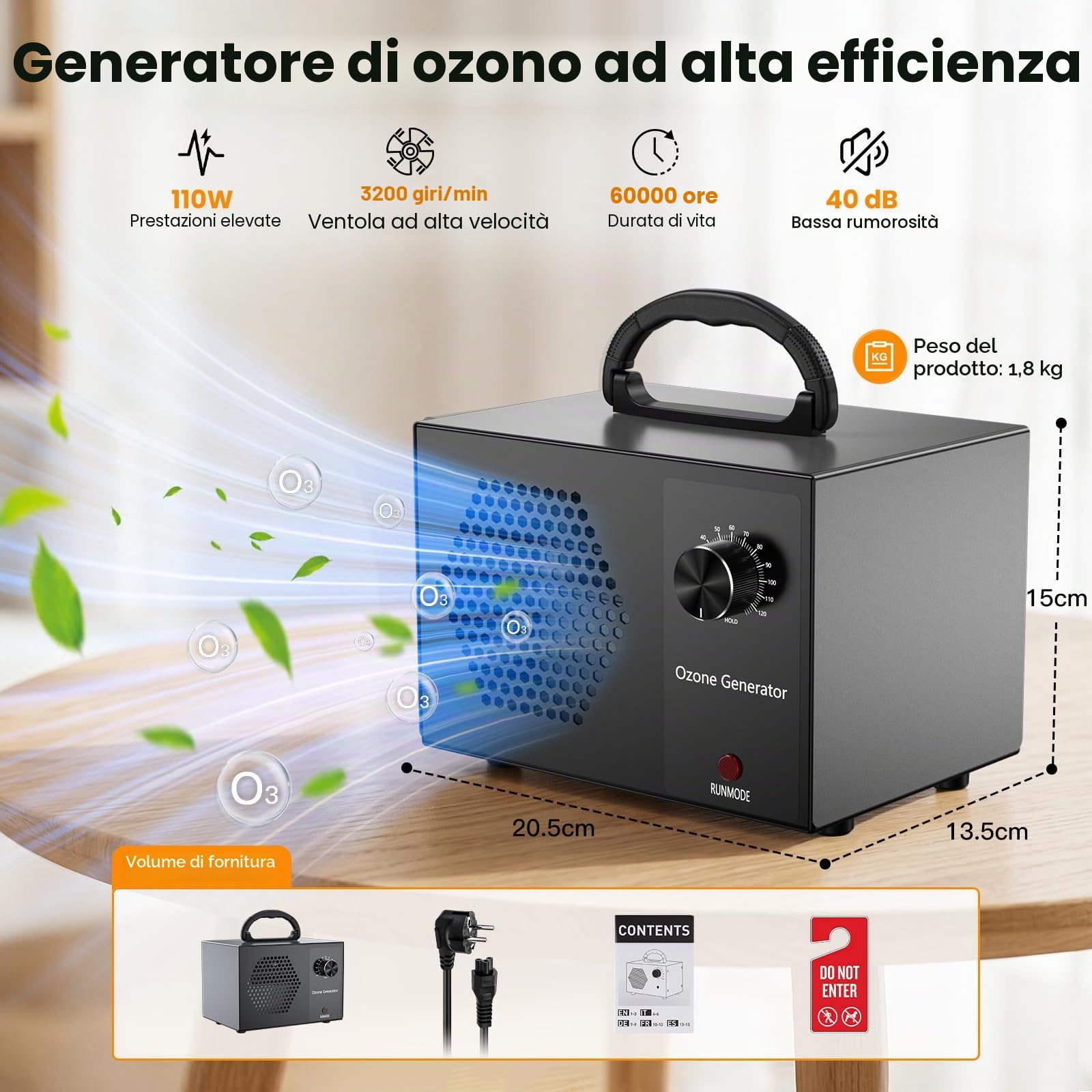 Generatore di Ozono 40000 mg/h, Purificatore d'Aria Deodorante Professionale Fino a 300㎡, Macchina Ozono Alta Capacità O3 con Timer 120 Min, Ozonizzatore per Casa Ambienti, Auto, Uffici, Hotel