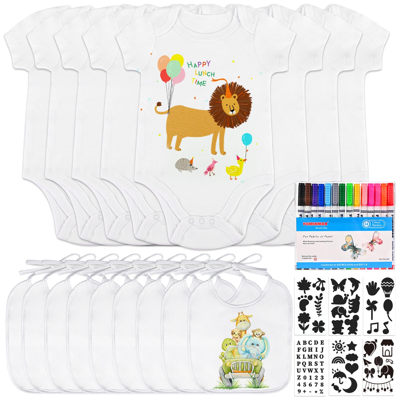 Tigvio Bavoir à peindre, pour fête prénatale, avec body à manches courtes (38 x 21 cm) + 14 stylos textiles colorés + 5 pochoirs pour fête prénatale, grenouillère pour bébé