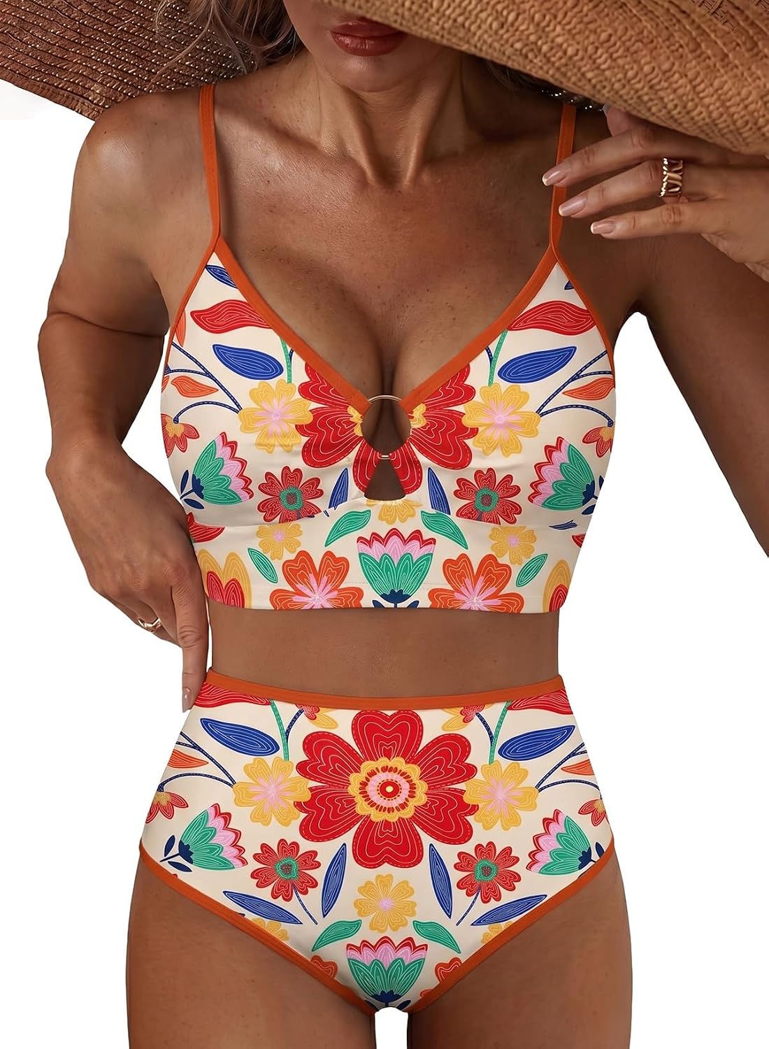 Herseas Women's O Ring Bikini Sets 2 Pieces Floral Print Swimsuits High Waisted Bathing Suits