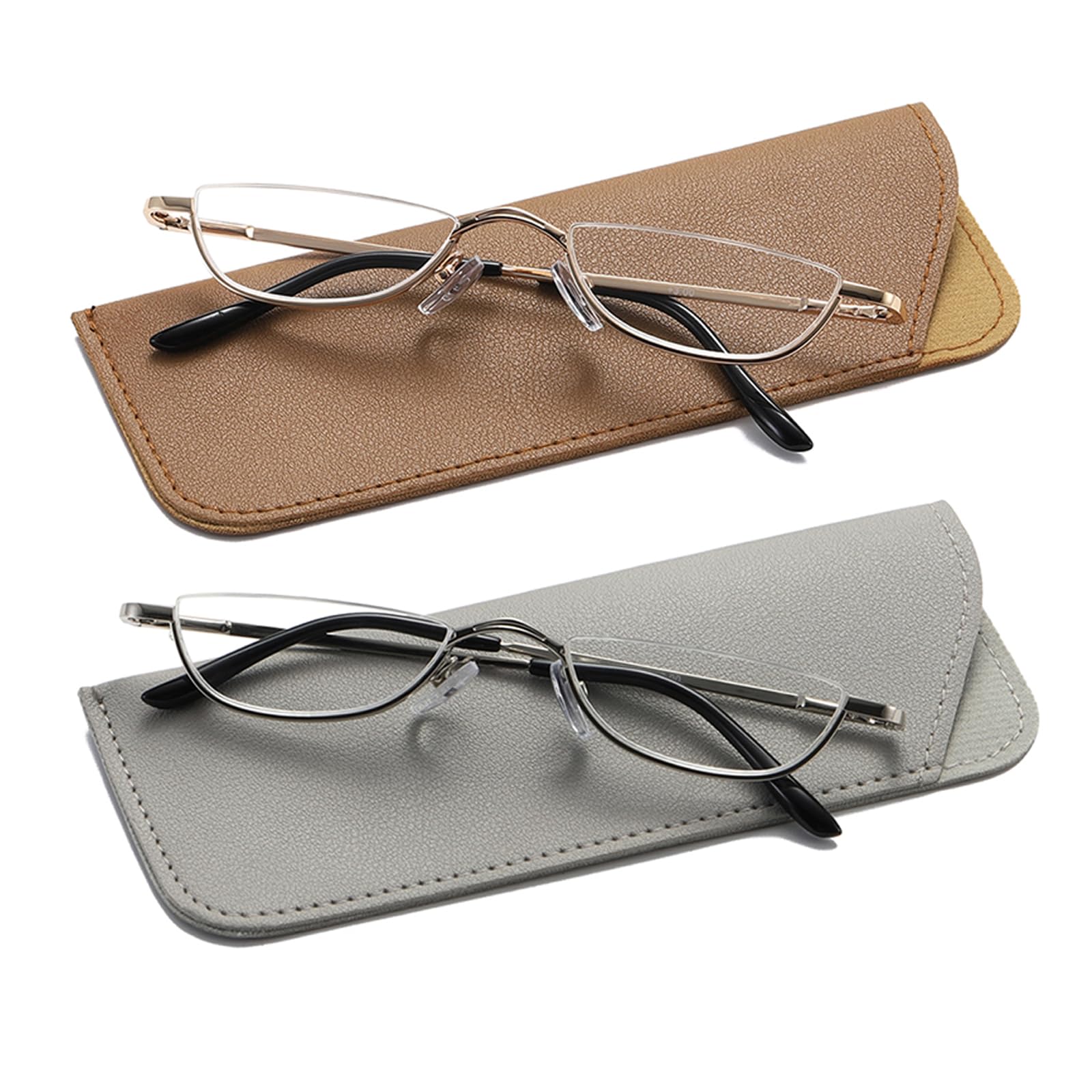 Hubeye 2 works Half Moon Reading Glasses for Women and Men Metal Slim Half Frame Lens Ultra Thin Readers with Spring Hinges and Leather case 2.00 - Image 2