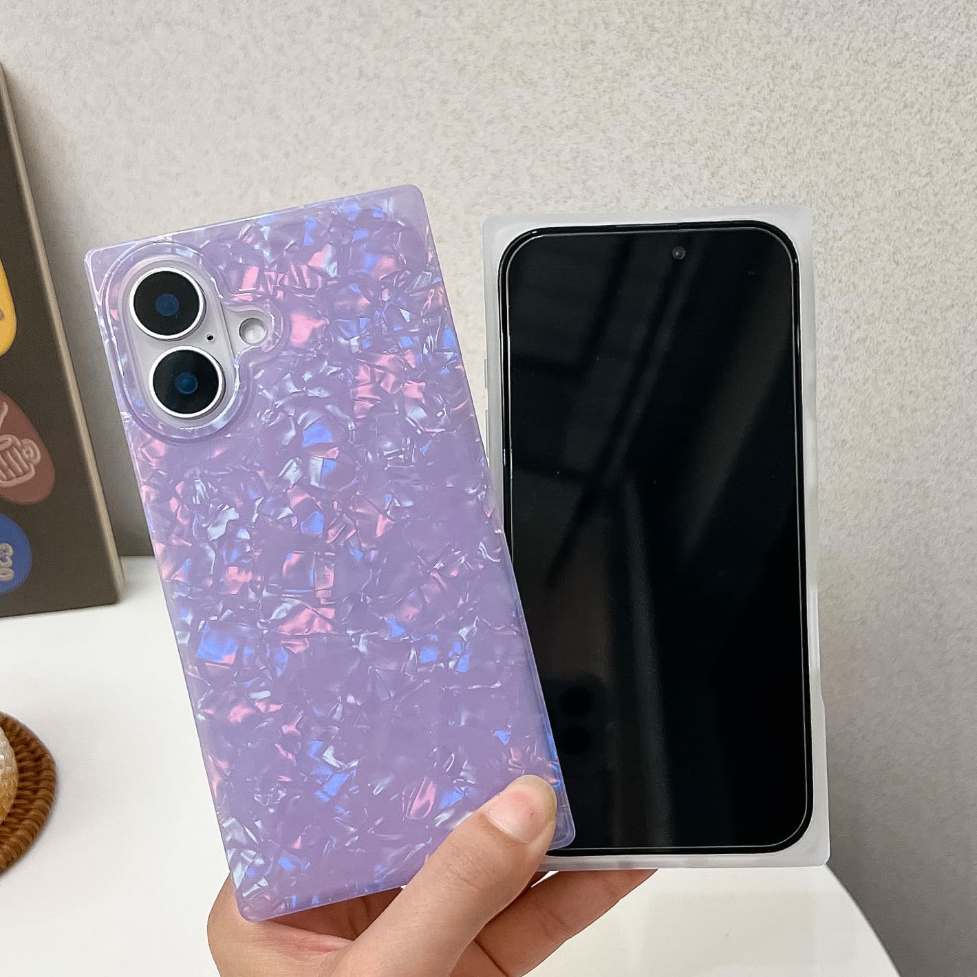 BANAILOA Compatible with iPhone 16 Case Rectangle for Women,Luxury Sparkle Colorful Shell Protective Soft Slim Girly Cover Designed for iPhone 16-6.1 inch (Purple Shell) - Image 2