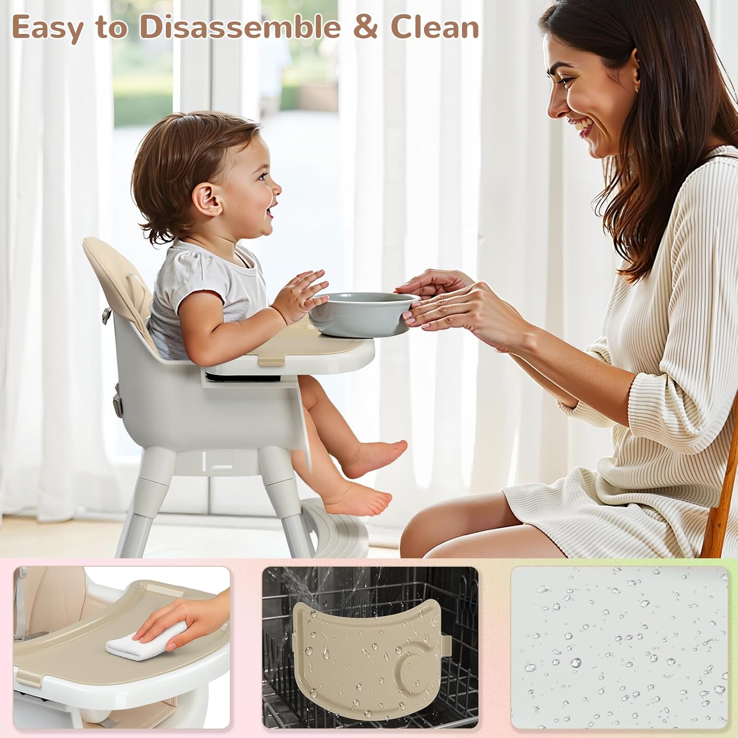 Ktaxon 3-in-1 Baby High Chair, Portable Adjustable Height Highchair with Removable Dual-Layer Tray, 5-Point Safety Harness and Footrest for Toddlers & Babies, Beige