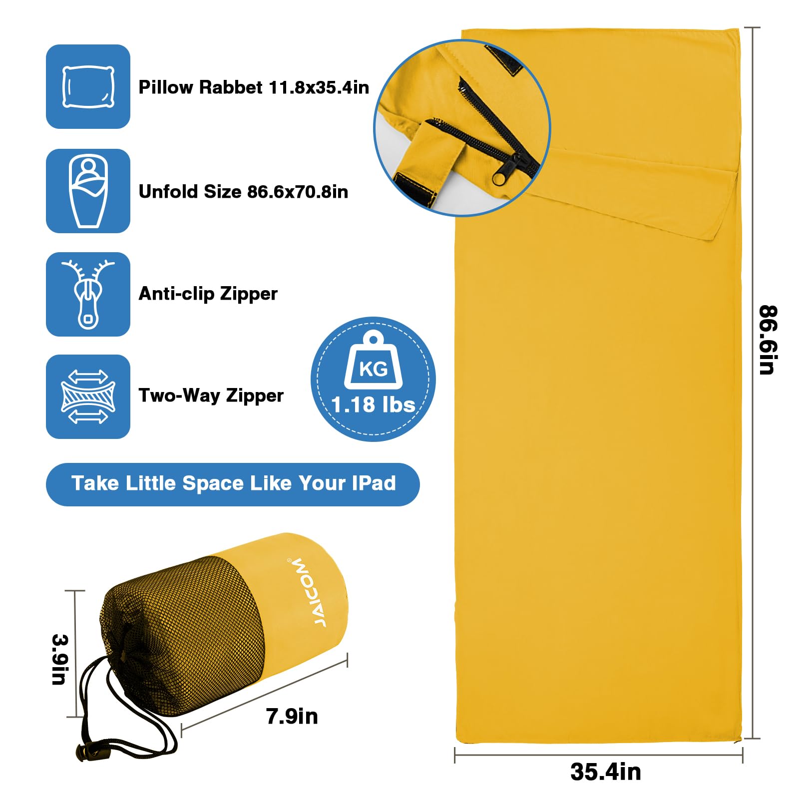JAICOM Doublure de sac de couchage, draps de voyage, fermeture éclair bidirectionnelle exposant les pieds séparément, léger pour simple, randonnée, hôtels et auberges, camping, voyage, affaires