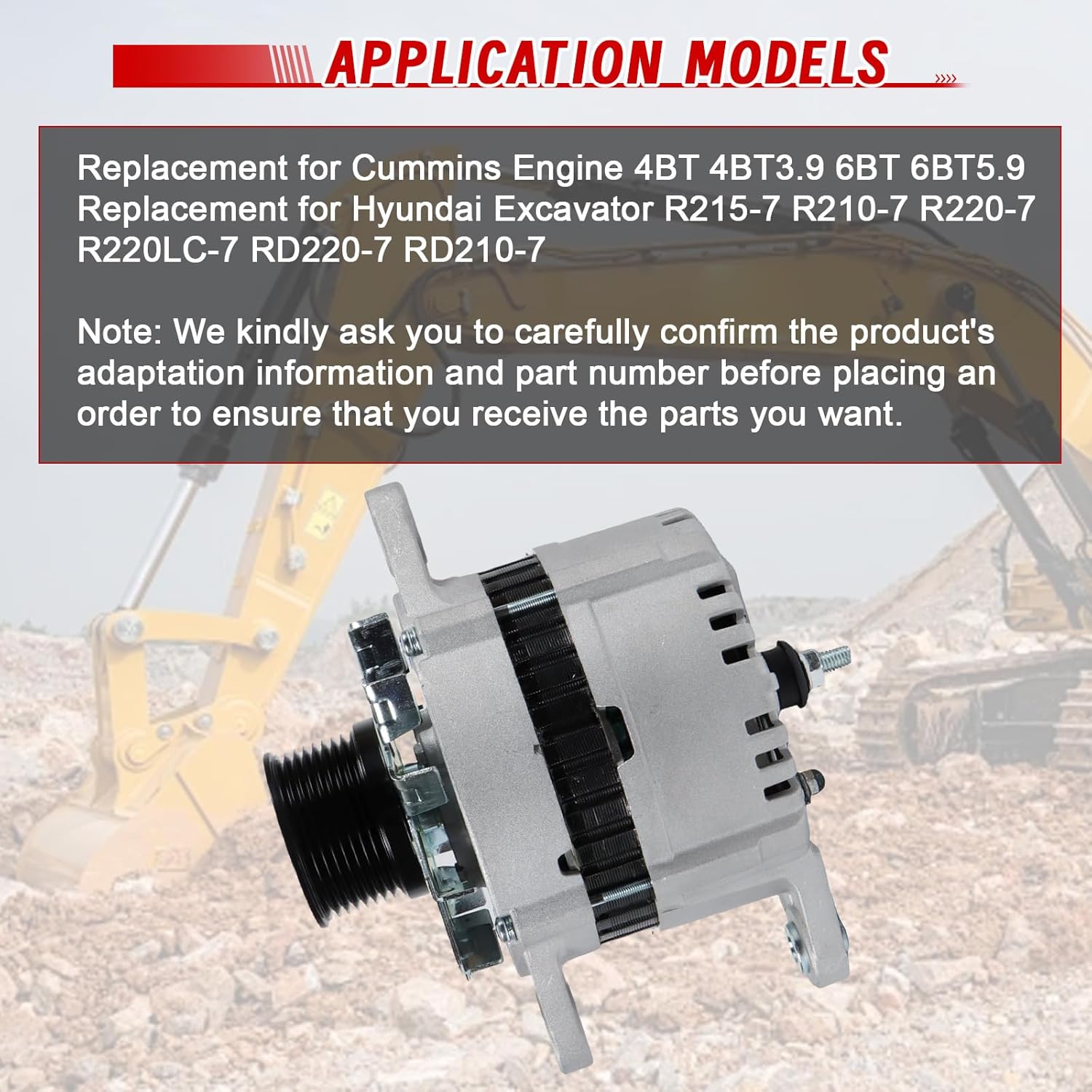 24V Alternator Assembly, 5263218 4080791 Replacement for Cummins Engine 4BT 4BT3.9 6BT 6BT5.9 for Excavator R215-7 R210-7 R220-7 R220LC-7 RD220-7 RD210-7