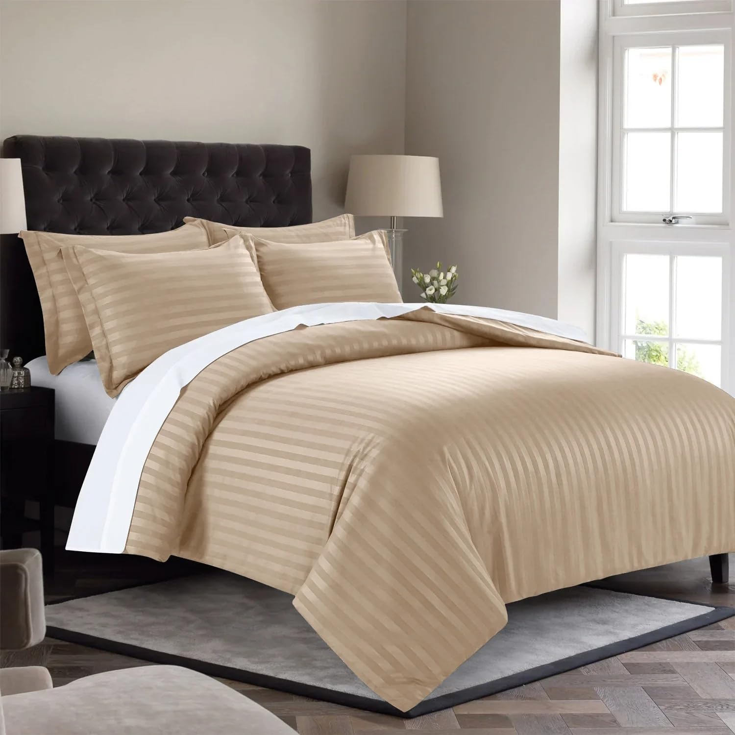 1000 Thread Count Damask Stripe 5 Piece Duvet Cover Set Oversized King Size 120x98 Inch 100% Egyptian Cotton (1 Duvet Cover & 4 Pillow Shams) Zipper Closure & Corner Ties, Ivory Striped