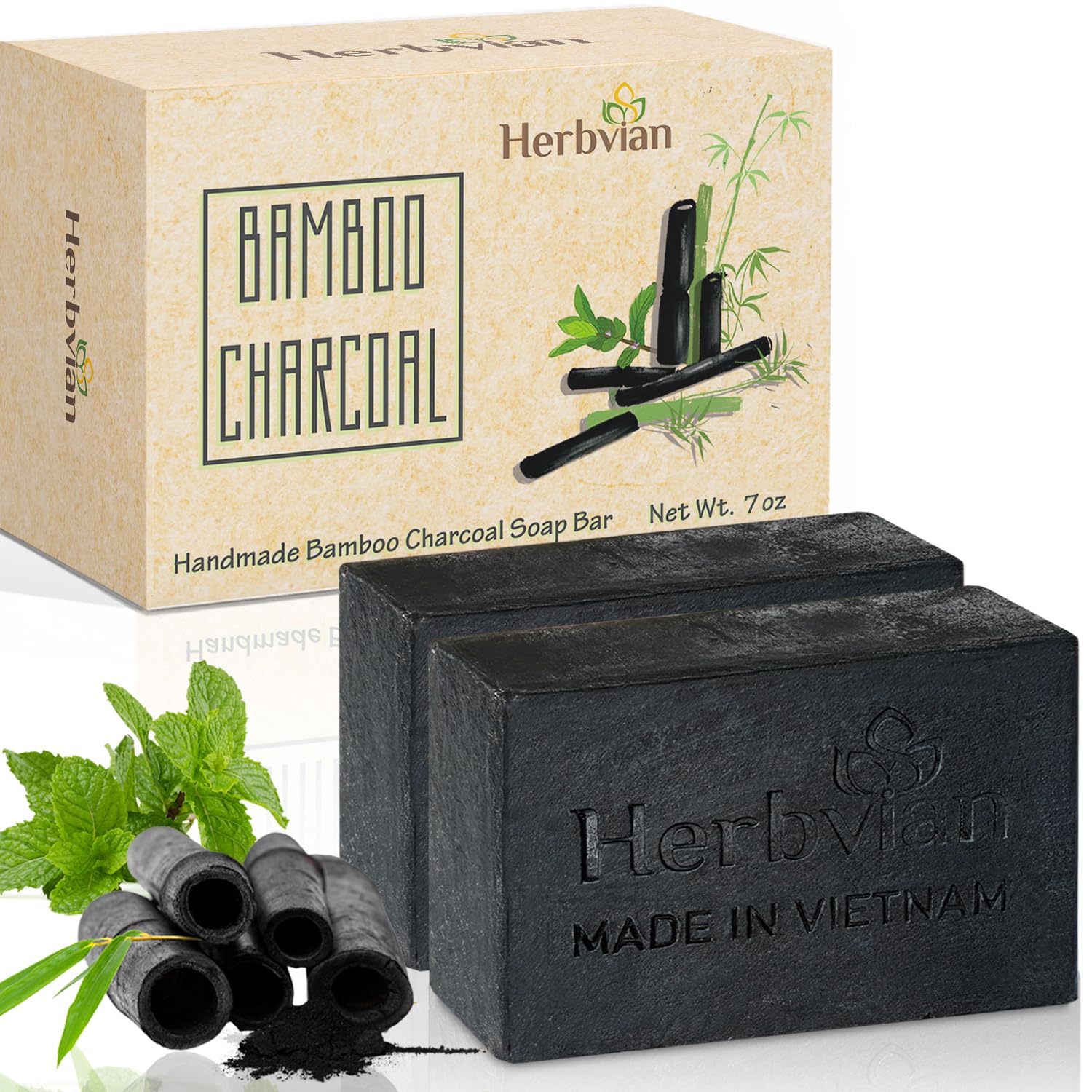 Herbvian 2pcs Activated Charcoal Soap Bar with Peppermint For Face and Body, Oil Detoxifying Body Wash, Vietnamese Black Bamboo Charcoal Back Acne