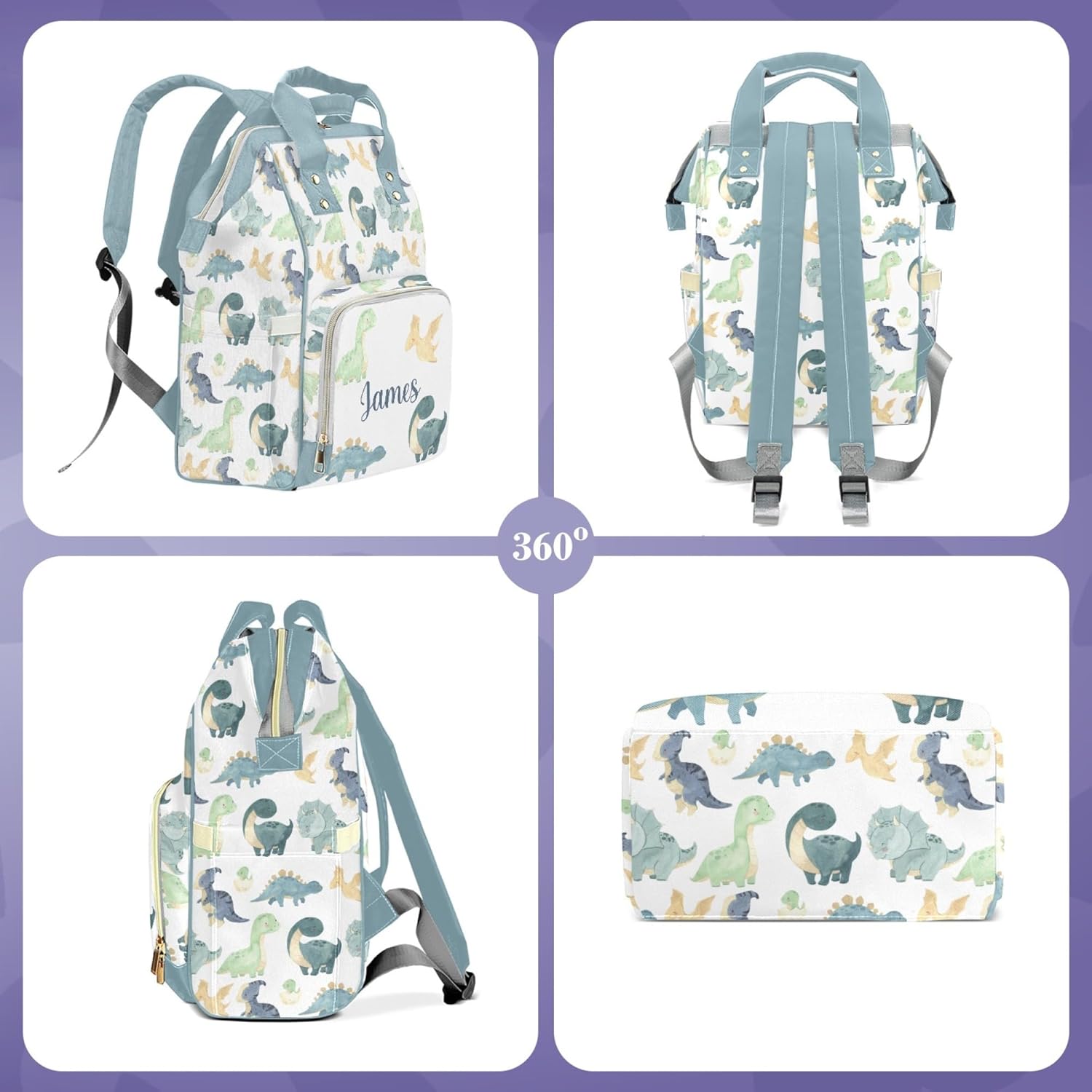 Dinosaur Personalized Name Nappy Bag Large Capacity Baby Diaper Bags, Color Green Monogram Daypack Custom Name Backpack Casual Daypack Bag Gifts for Nephew Son Grandson