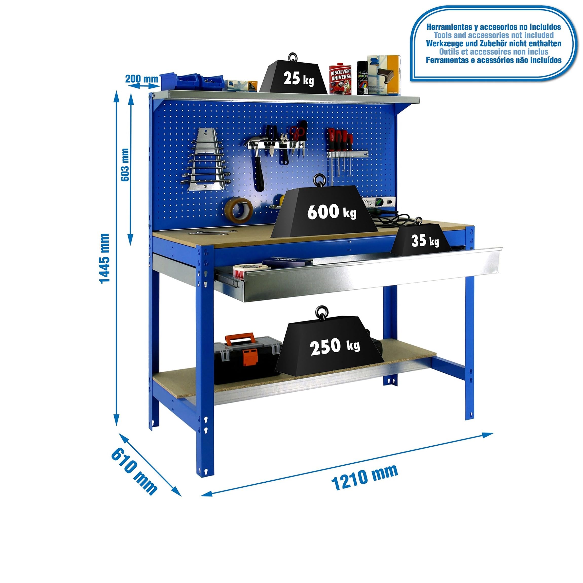 Simon Rack Banco da lavoro per officina, capacità di carico 600 kg, 1445x1210x610 mm, Pannello Forato, Ripiano per cassetti, Tavolo da lavoro fai da te, Blu/Legno - BT3