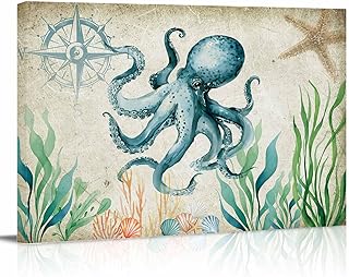 Rullikatlyi Octopus Coastal Wall Decor for Living Room Bedroom, Vintage Nautical Ocean Starfish Compass Bathroom Canvas Wall Art Aesthetic Modern, Kitchen Office Wood Oil Painting Pictures 18"x12"