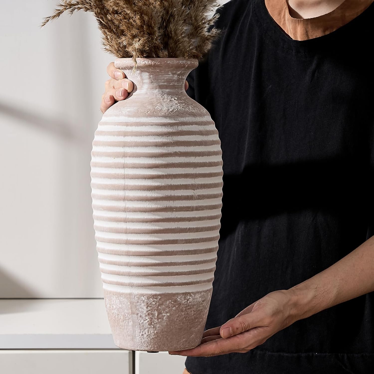 Emotionally Grounded Vase, Vaseking Large Ceramic Rustic Vase, 14.4 inch Minimalist Threaded Decorative Farmhouse Tall Vases for Home Decor, Living Room, Enterway, Table Decoration, Khaki - Image 4