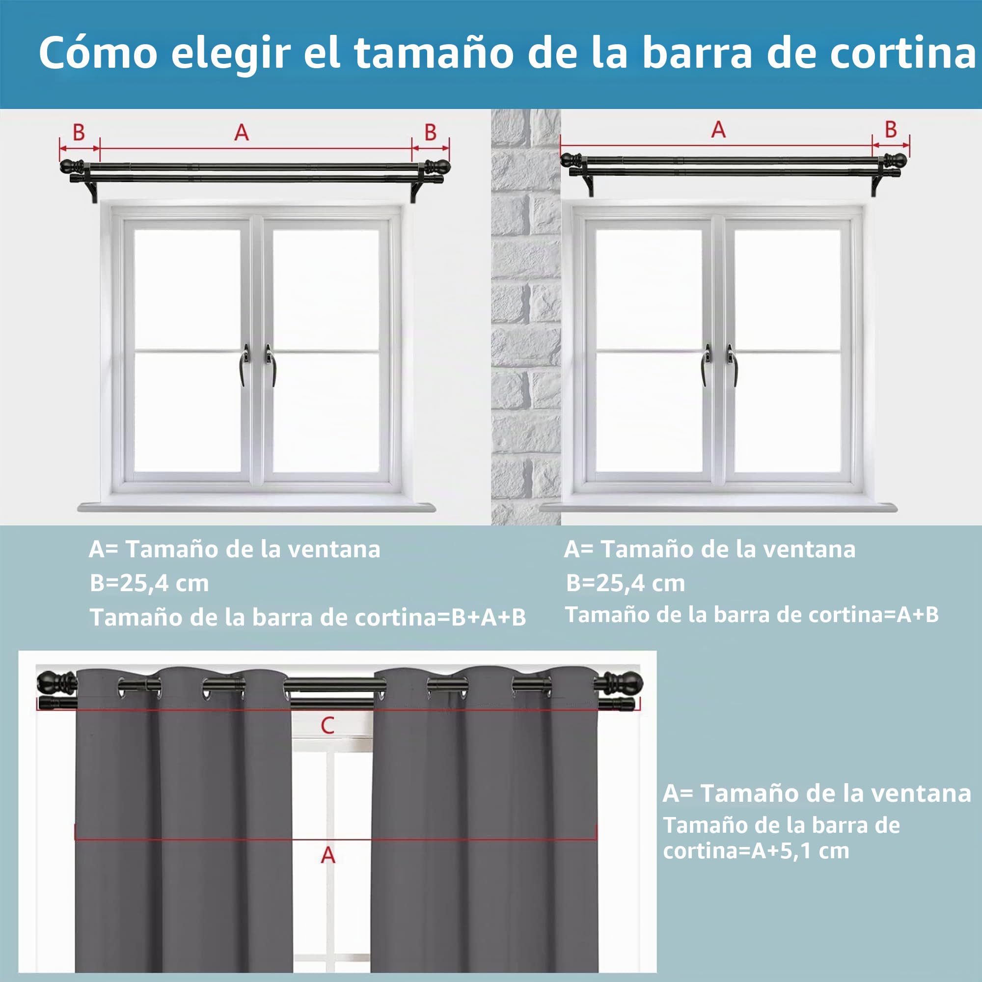 Barra de cortina doble, barra de metal extensible negra de 76 a 332 cm para cortinas con ojales, opacas y gasa, oscurecimiento de la habitación