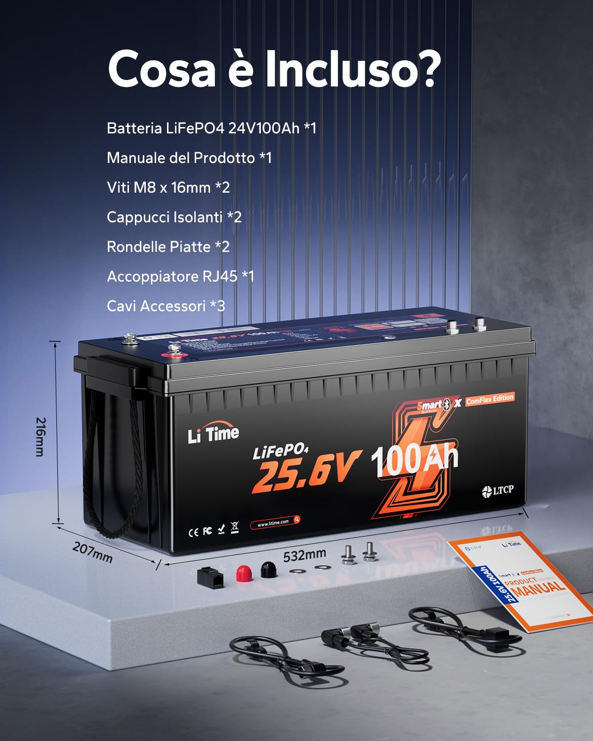 LiTime Batteria Litio 24V 100Ah LiFePO4 con Bluetooth supporta Victron, CAN/RS485, BMS 100A, 4000-15000 Cicli, Protezione Temperatura, Ideale per Camper, Barche, Sistemi Off-Grid